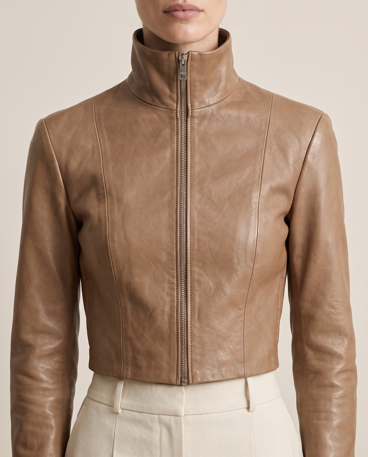 Cropped High-Neck Leather Jacket for Women — high neck and zip, worn