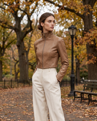 Cropped High-Neck Leather Jacket for Women — worn in Central Park in autumn