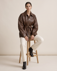 Belted Oversized Leather Jacket for Women — worn seated