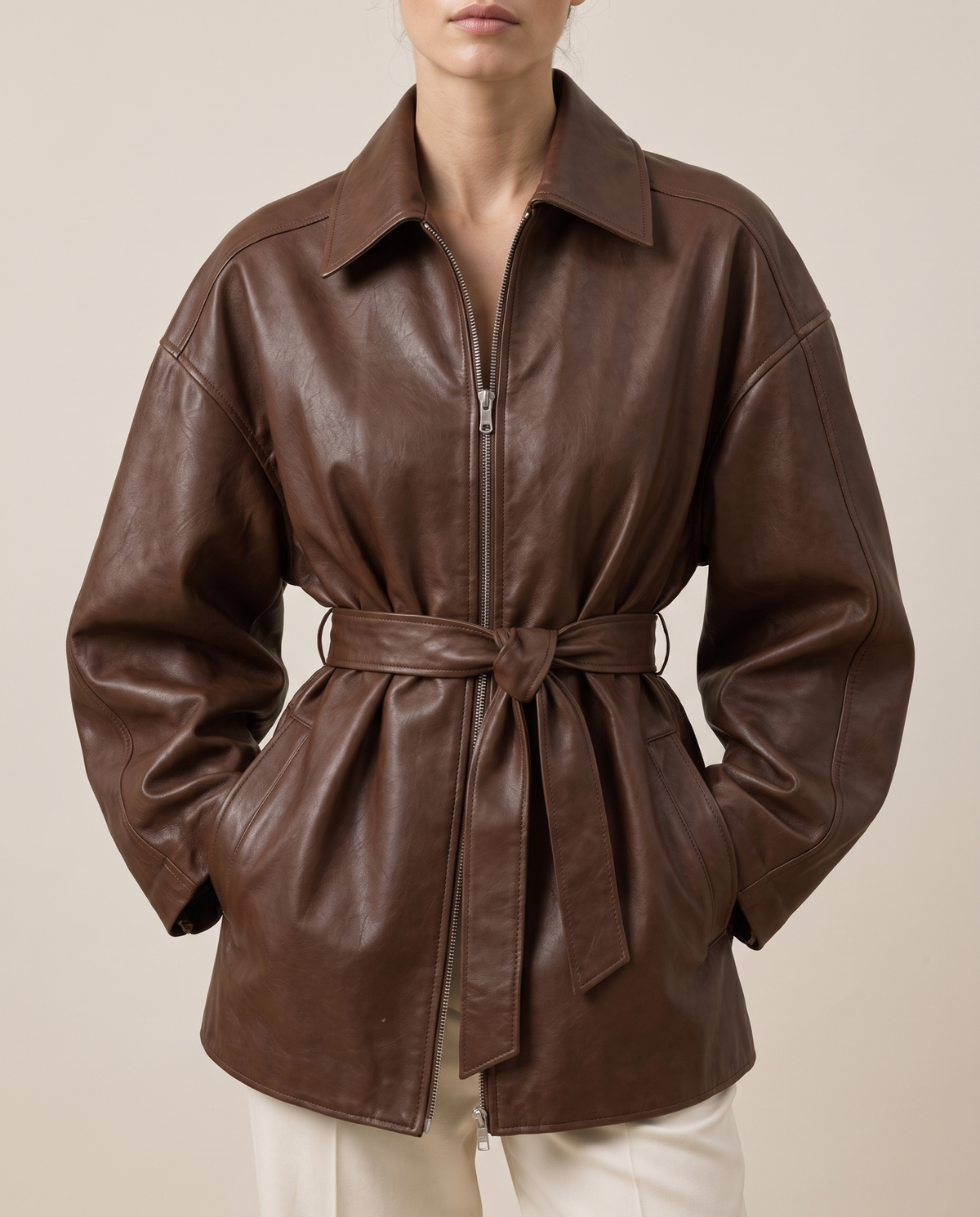 Belted Oversized Leather Jacket for Women — collar and belt, worn