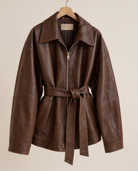 Belted Oversized Leather Jacket for Women — on hanger
