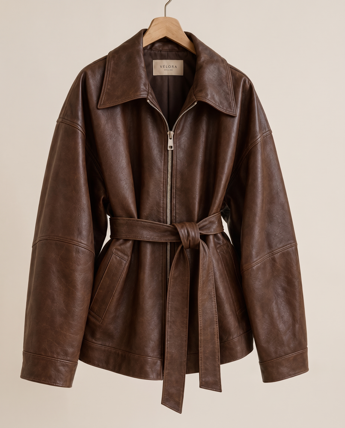 Belted Oversized Leather Jacket for Women — on hanger