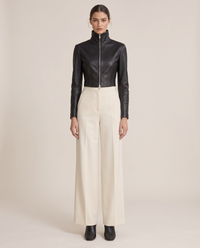 Cropped High-Neck Leather Jacket for Women — black, studio front