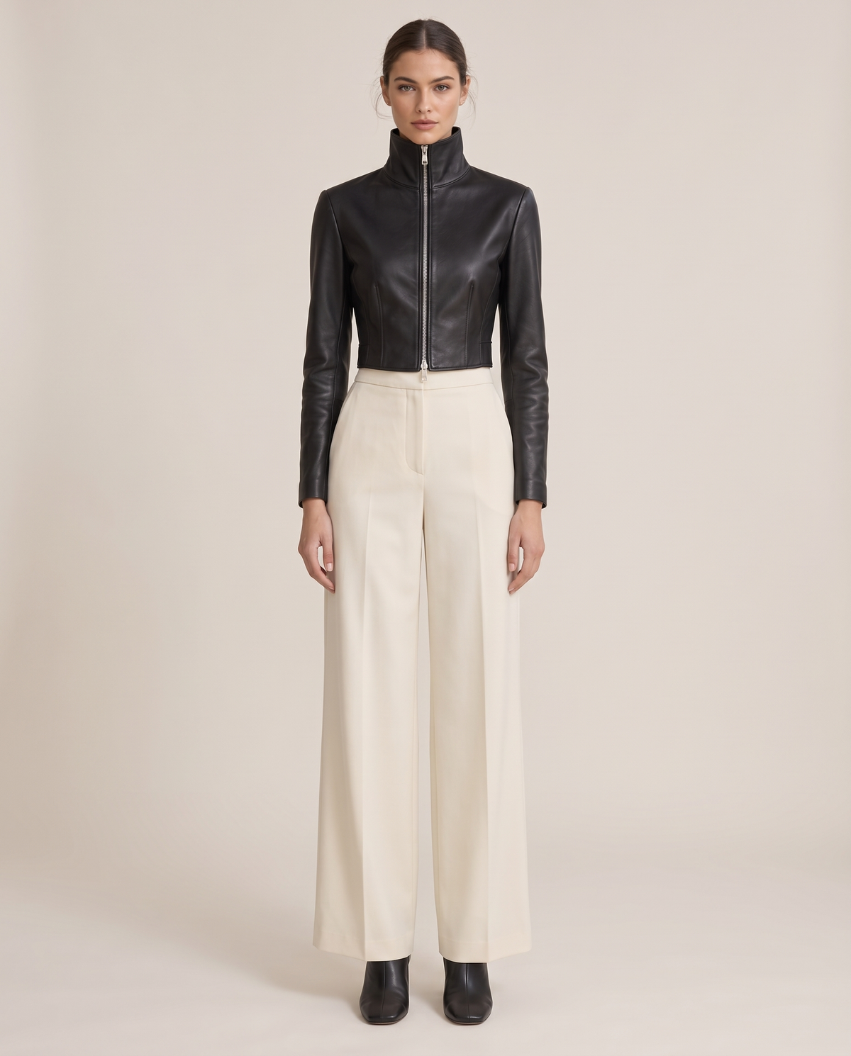 Cropped High-Neck Leather Jacket for Women — black, studio front
