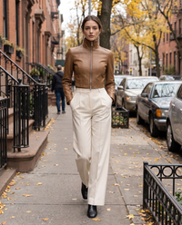 Cropped High-Neck Leather Jacket for Women — worn on a New York street in autumn