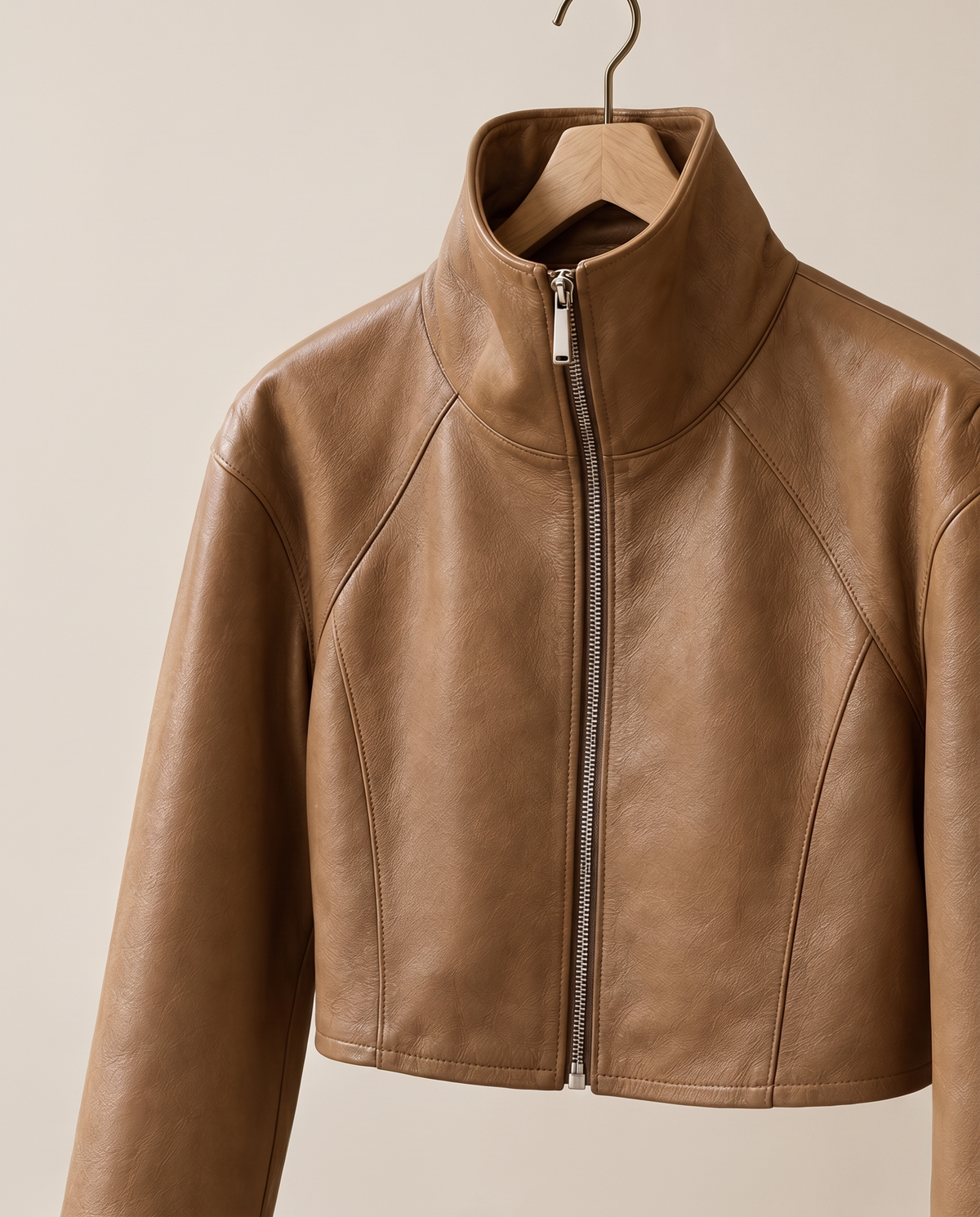 Cropped High-Neck Leather Jacket for Women — on hanger