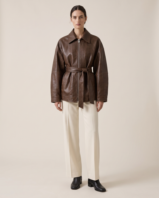 Belted Oversized Leather Jacket for Women — studio front