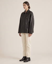 Oversized Soft Leather Jacket with Fluid Drape — three-quarter view