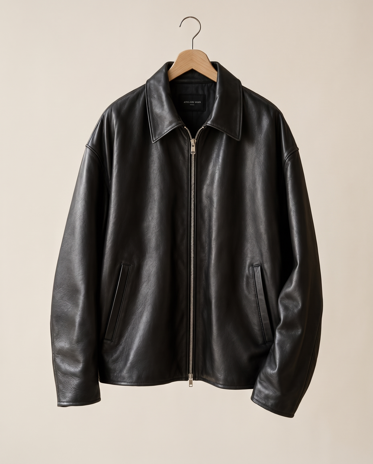 Oversized Soft Leather Jacket with Fluid Drape — on hanger
