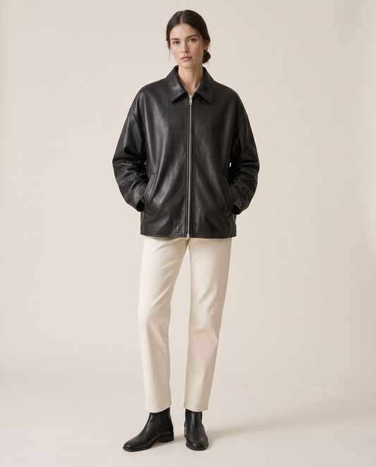 Oversized Soft Leather Jacket with Fluid Drape — studio front