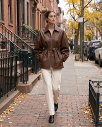 Belted Oversized Leather Jacket for Women — worn on a New York street in autumn