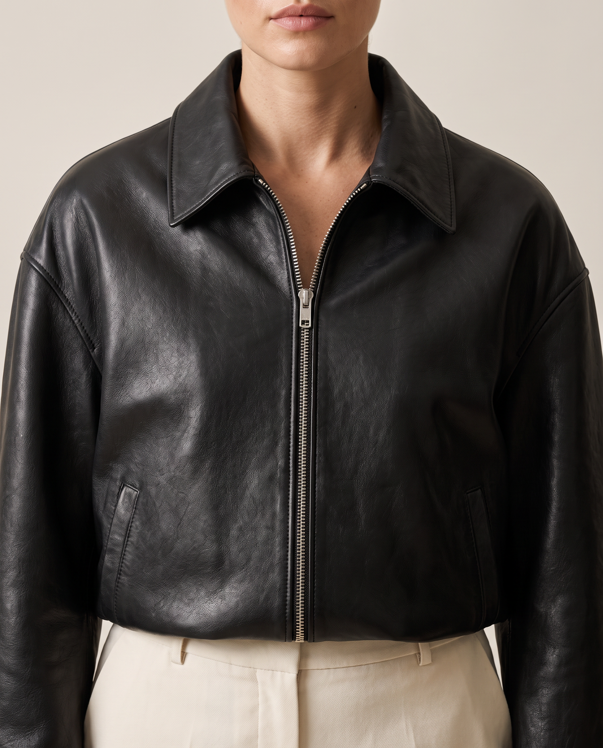 Oversized Soft Leather Jacket with Fluid Drape — collar and zip, worn