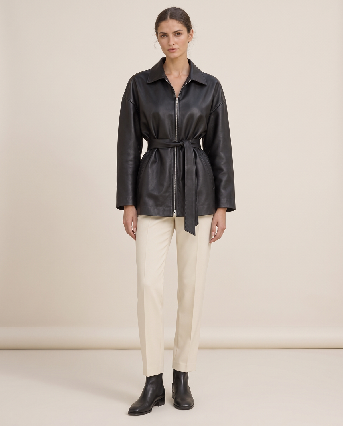 Belted Oversized Leather Jacket for Women — black, studio front