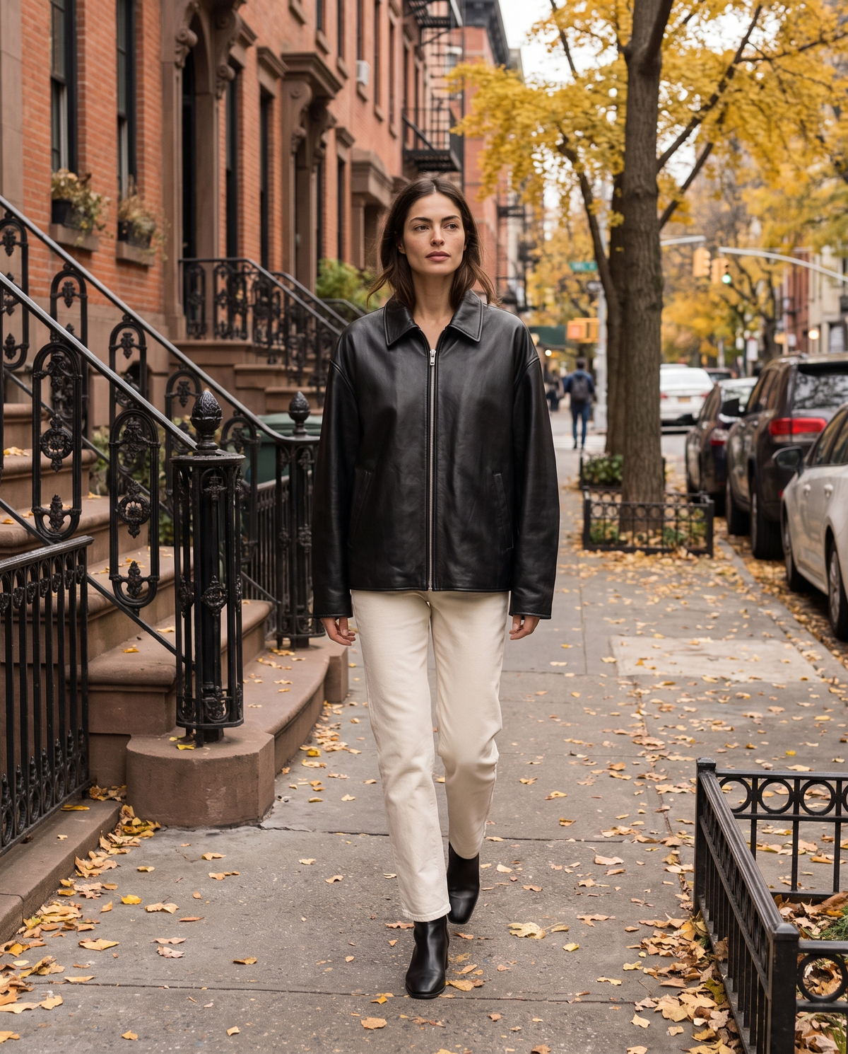 Oversized Soft Leather Jacket with Fluid Drape — worn on a New York street in autumn