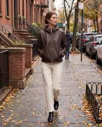 Hooded Leather Jacket for Women — worn on a New York street in autumn