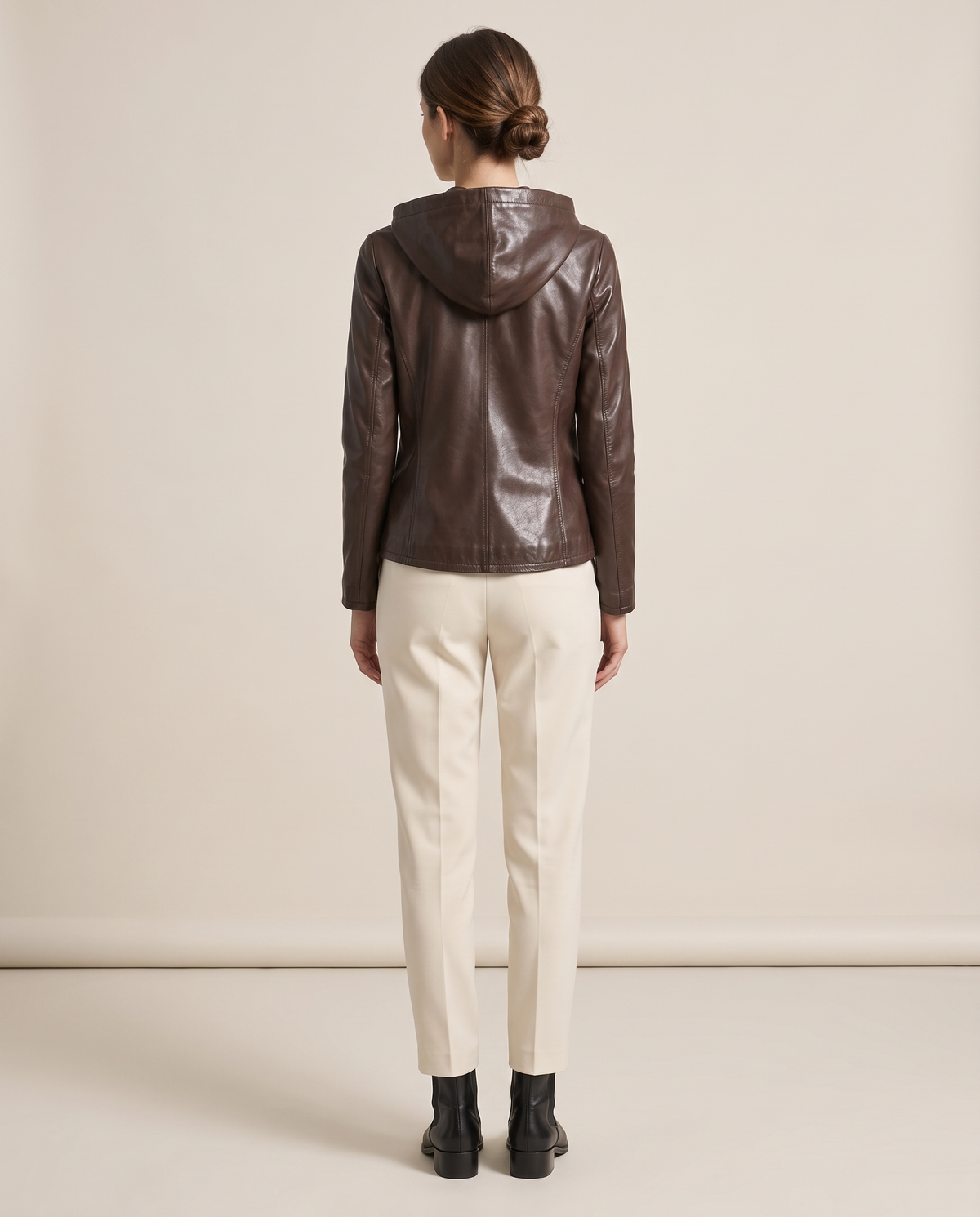 Hooded Leather Jacket for Women — studio back