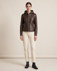 Hooded Leather Jacket for Women — studio front