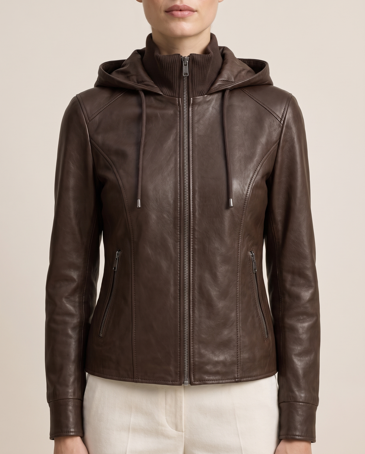 Hooded Leather Jacket for Women — hood and zip, worn