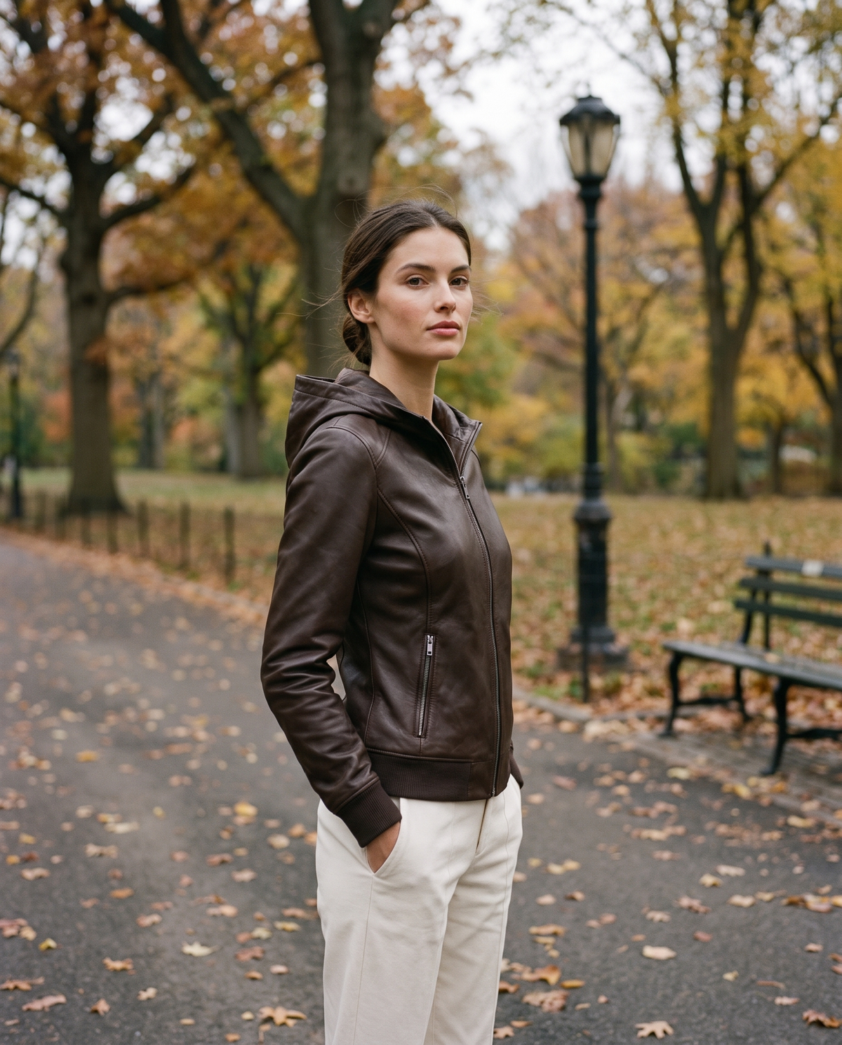 Hooded Leather Jacket for Women — worn in Central Park in autumn