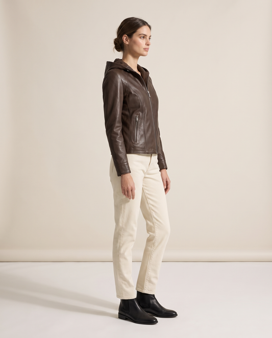 Hooded Leather Jacket for Women — three-quarter view