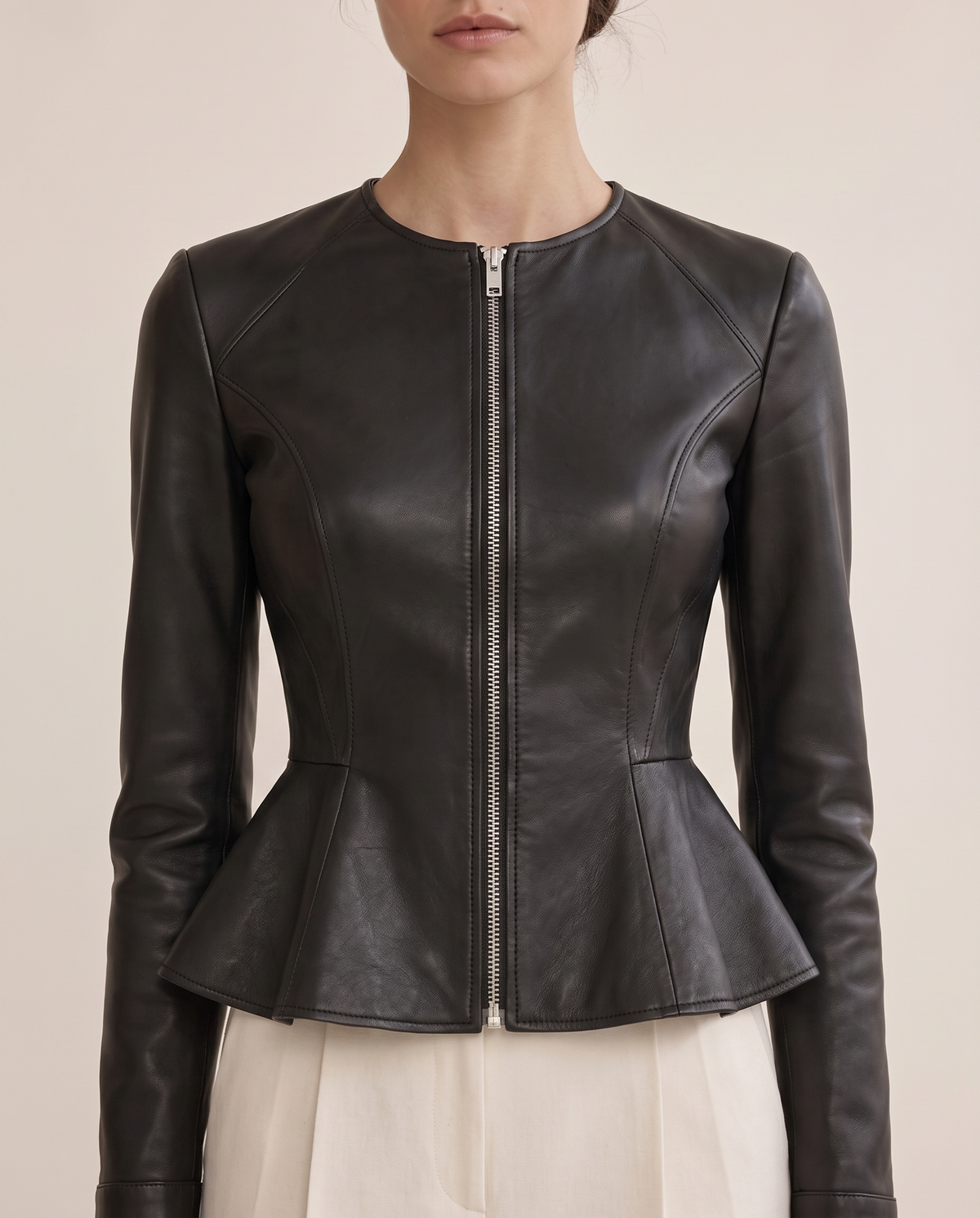 Cropped Fit-and-Flare Leather Jacket — peplum waist, worn