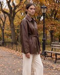 Belted Oversized Leather Jacket for Women — worn in Central Park in autumn