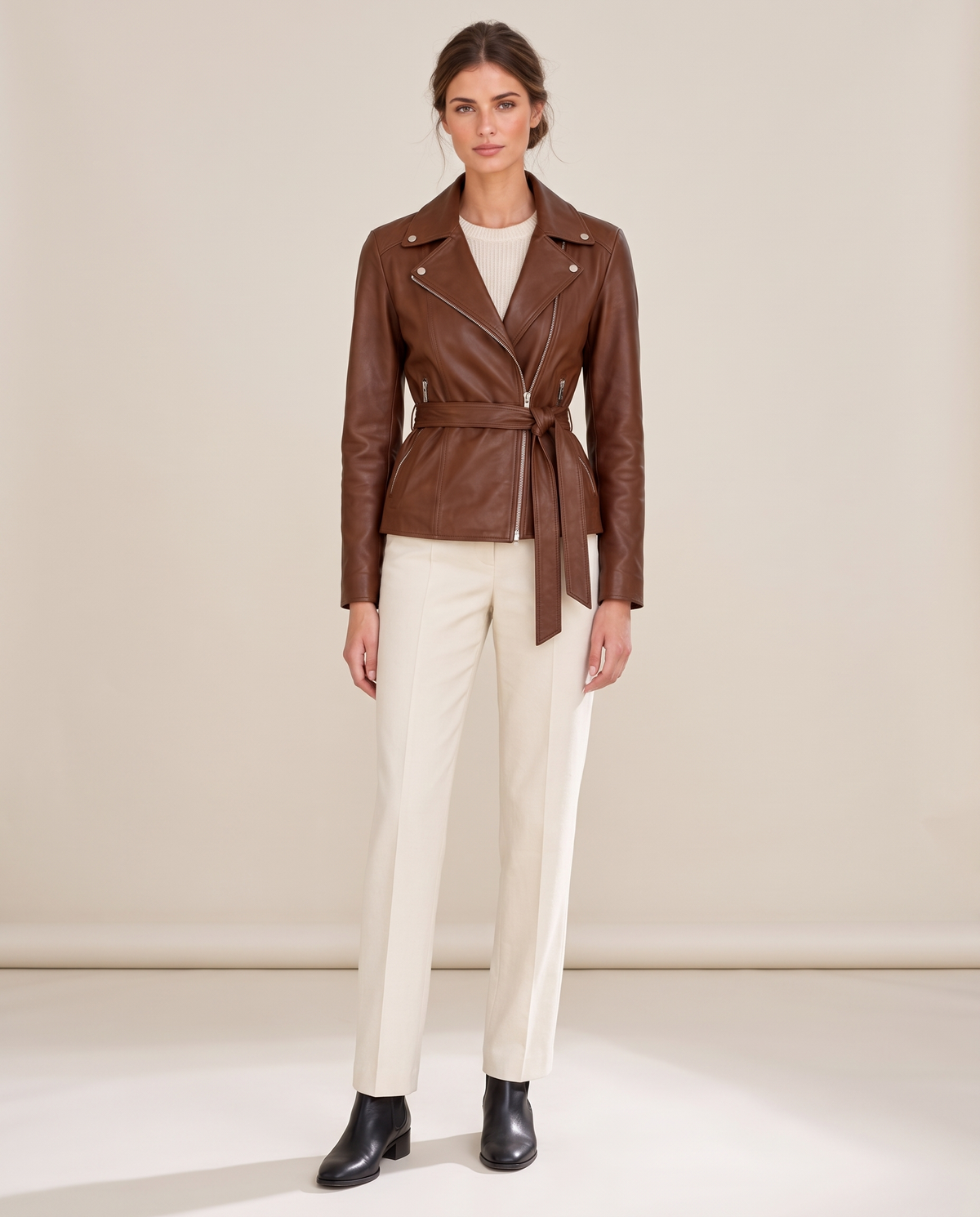 Belted Leather Biker Jacket for Women — brown, studio front