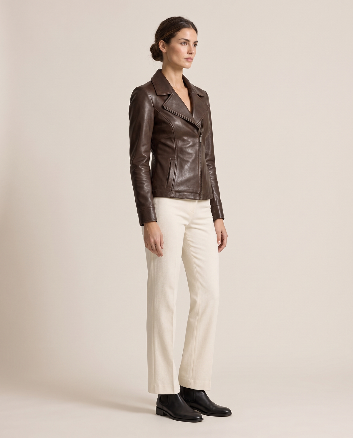 Tailored Leather Jacket with Notched Lapel — three-quarter view