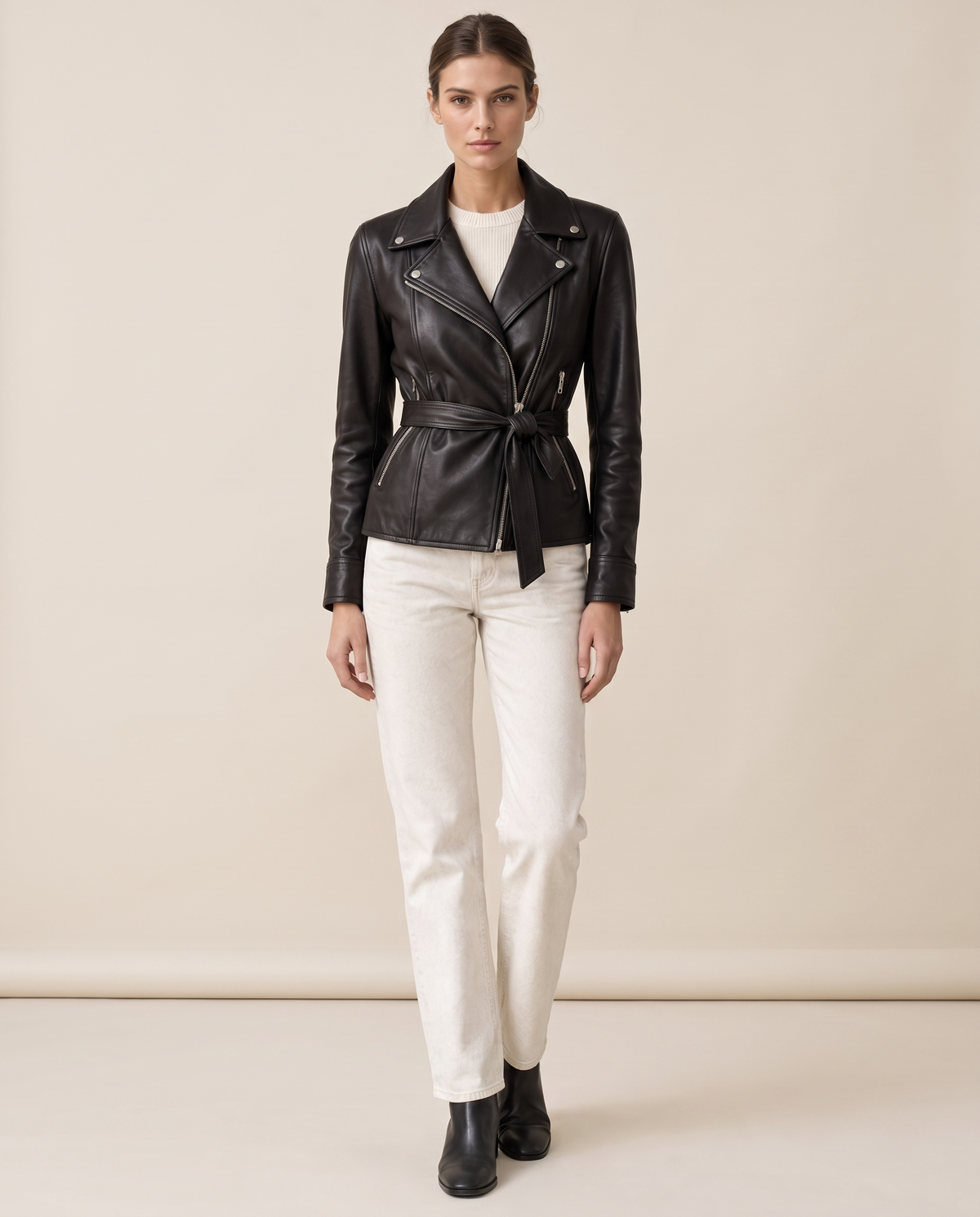 Belted Leather Biker Jacket for Women — studio front