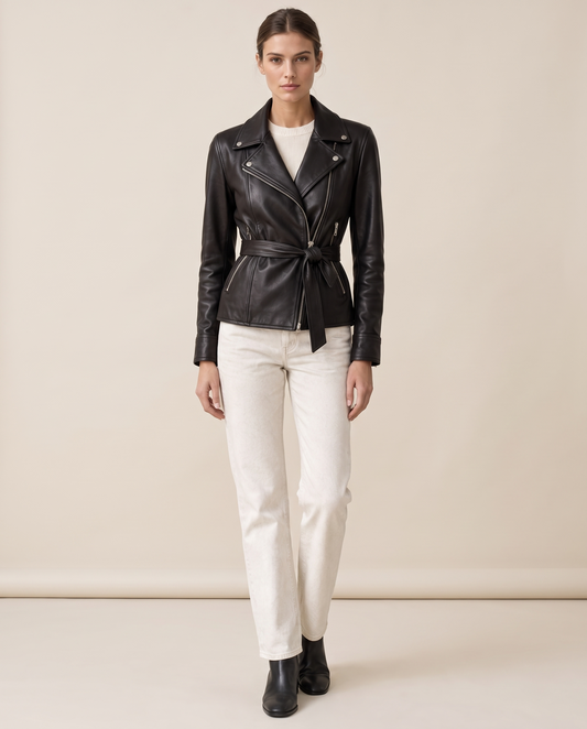 Belted Leather Biker Jacket for Women — studio front