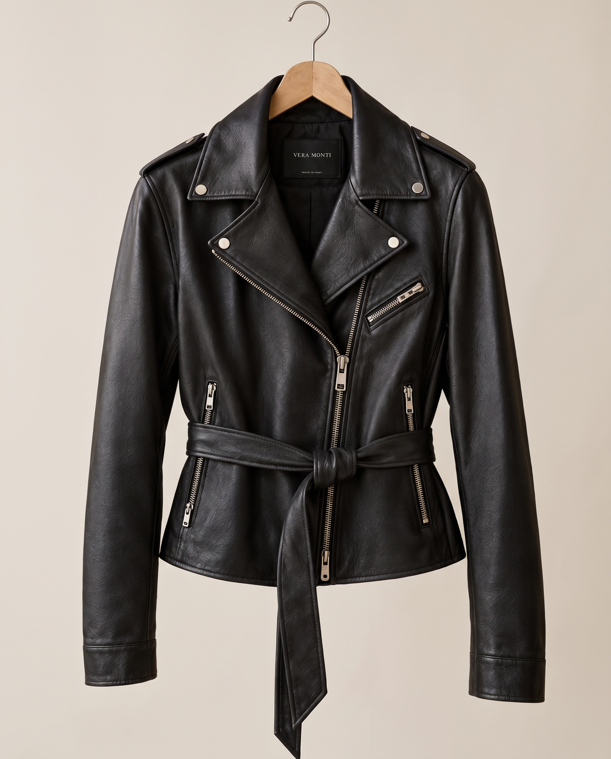 Belted Leather Biker Jacket for Women — on hanger