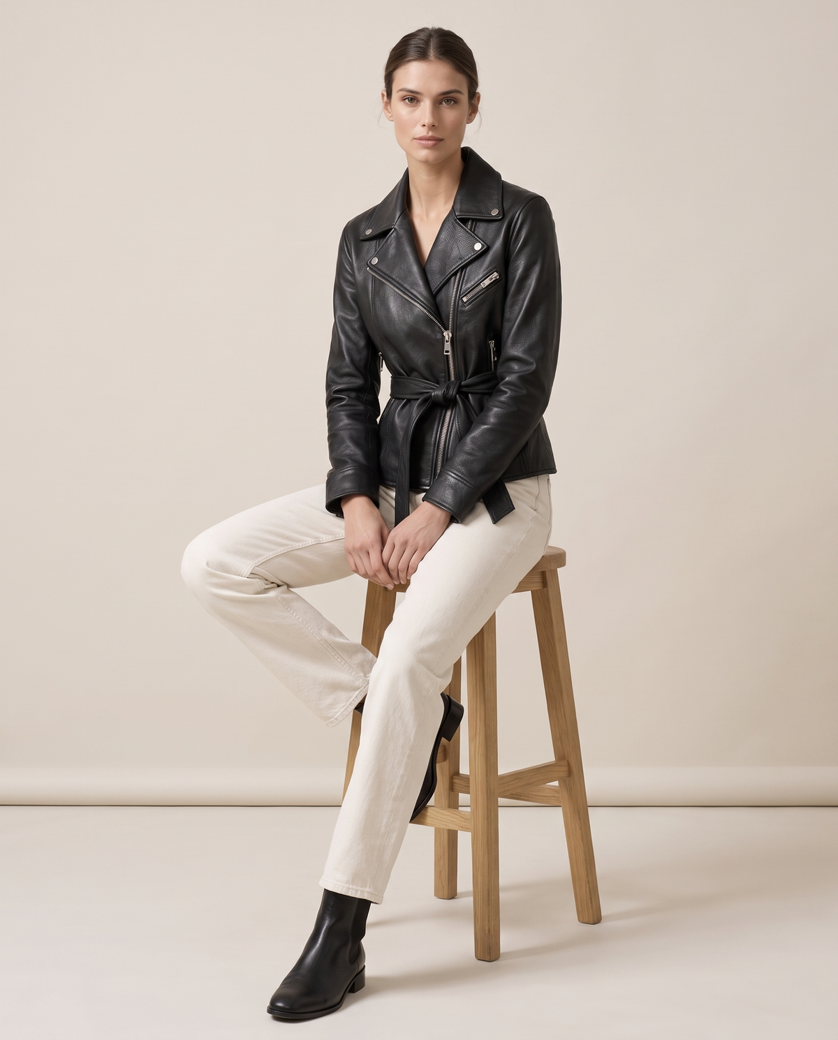 Belted Leather Biker Jacket for Women — worn seated