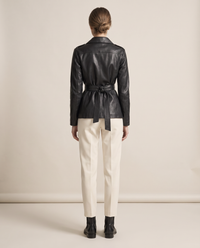 Belted Leather Biker Jacket for Women — studio back