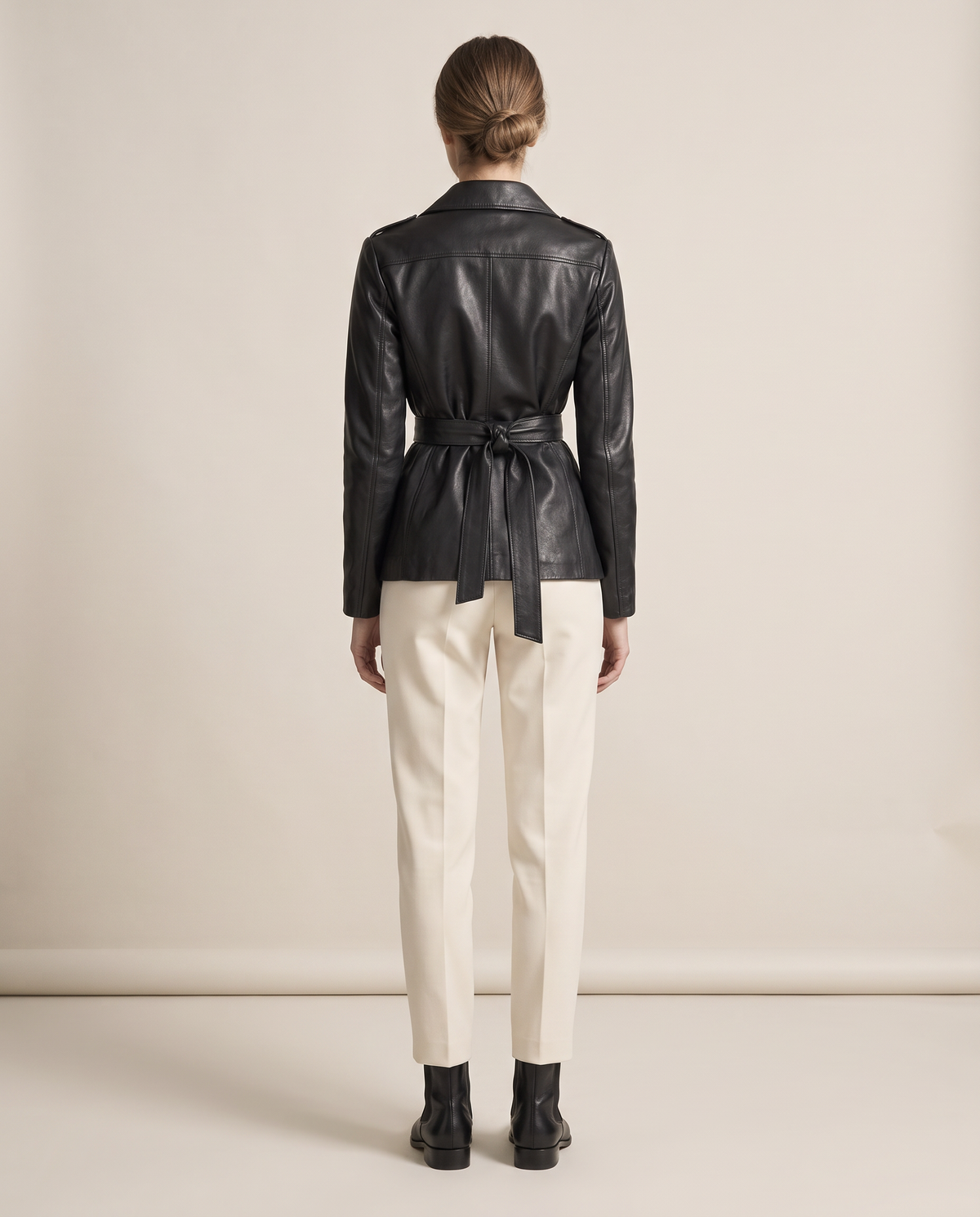 Belted Leather Biker Jacket for Women — studio back