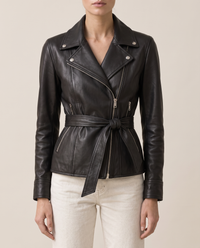 Belted Leather Biker Jacket for Women — lapels and belt, worn