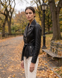 Belted Leather Biker Jacket for Women — worn in Central Park in autumn