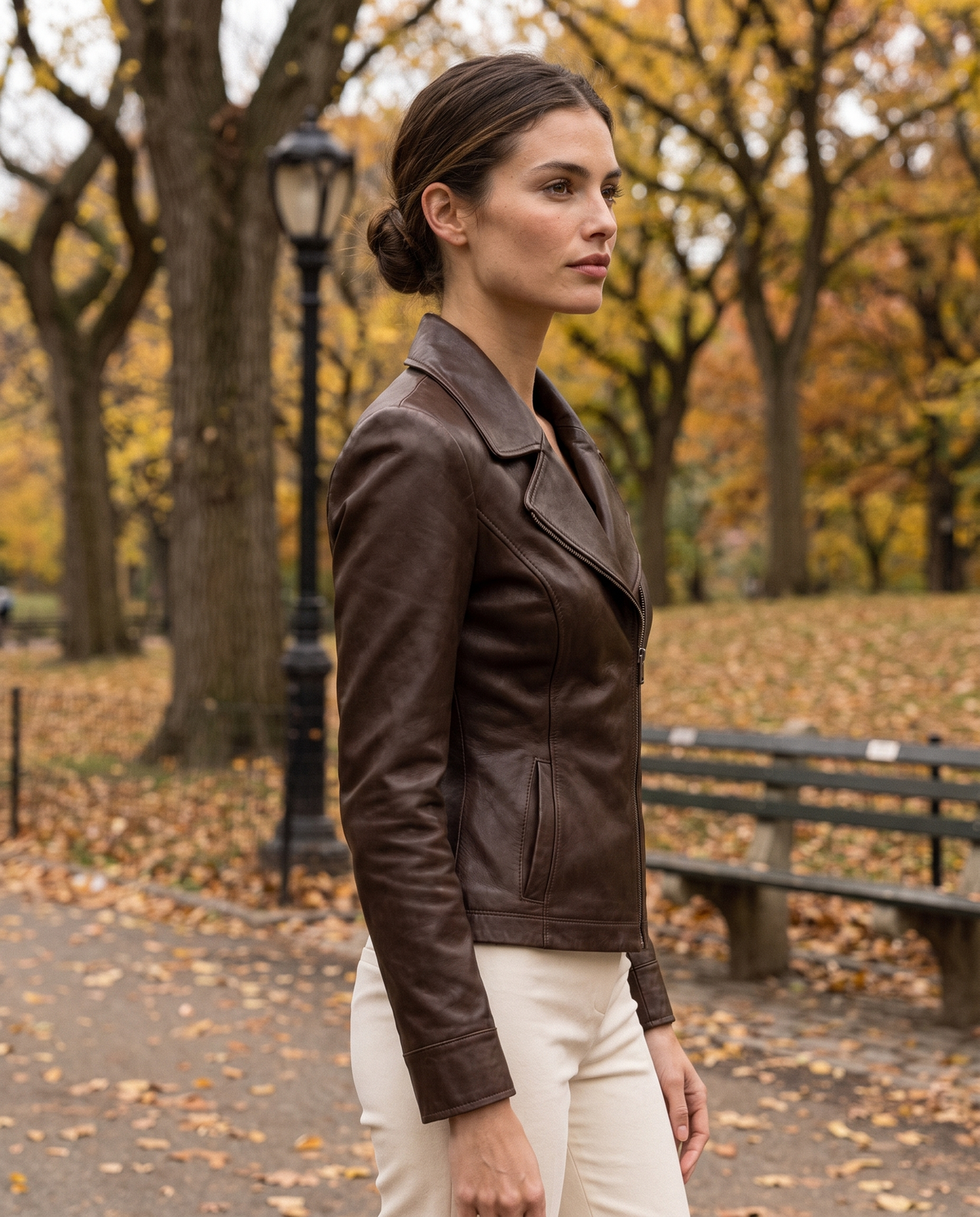 Tailored Leather Jacket with Notched Lapel — worn in Central Park in autumn
