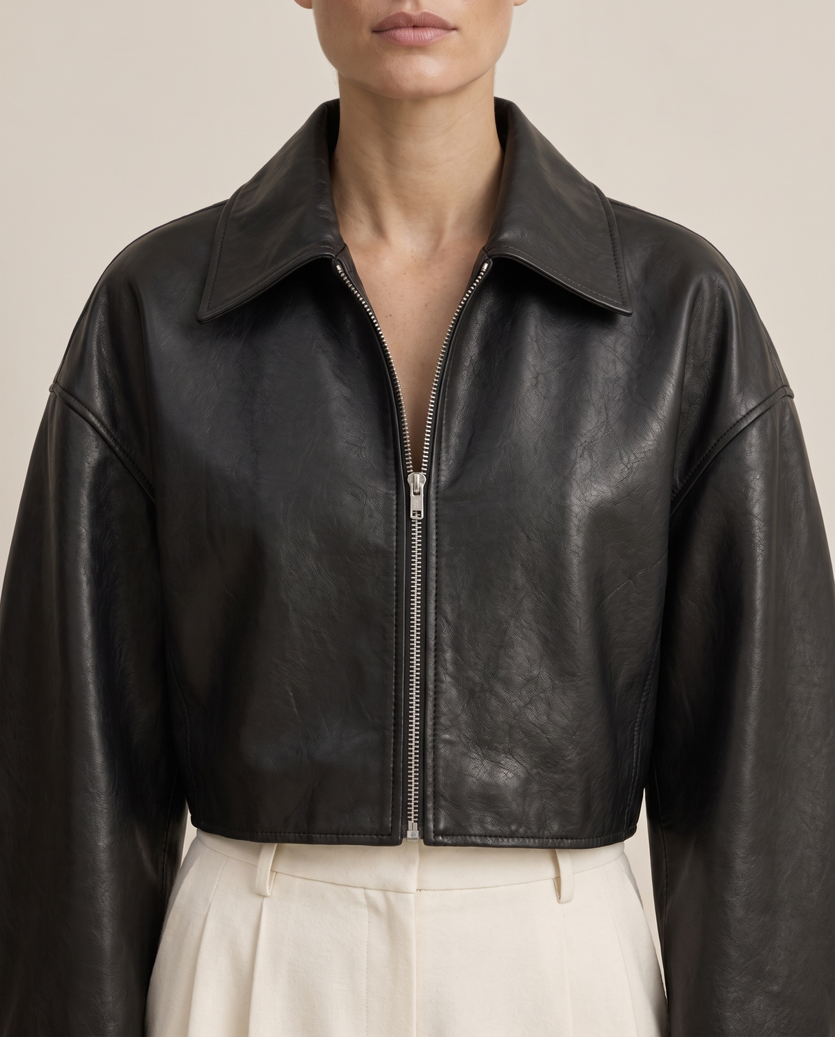Cropped Oversized Leather Jacket for Women — collar and zip, worn