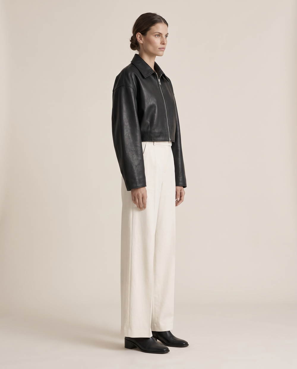 Cropped Oversized Leather Jacket for Women — three-quarter view