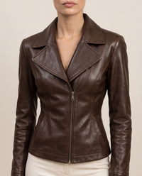 Tailored Leather Jacket with Notched Lapel — lapels and zip, worn