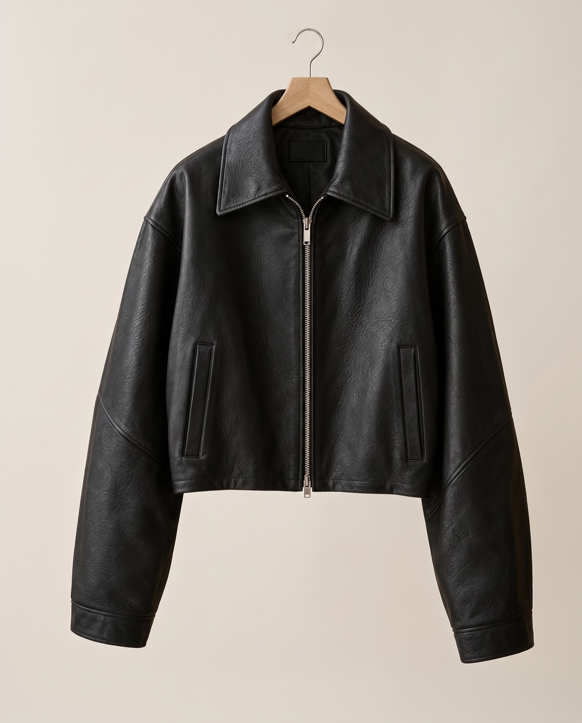 Cropped Oversized Leather Jacket for Women — on hanger