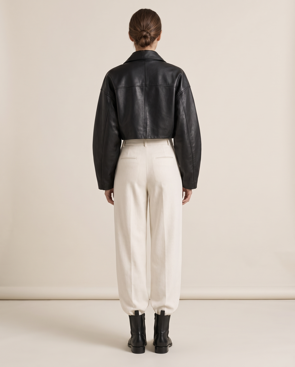 Cropped Oversized Leather Jacket for Women — studio back