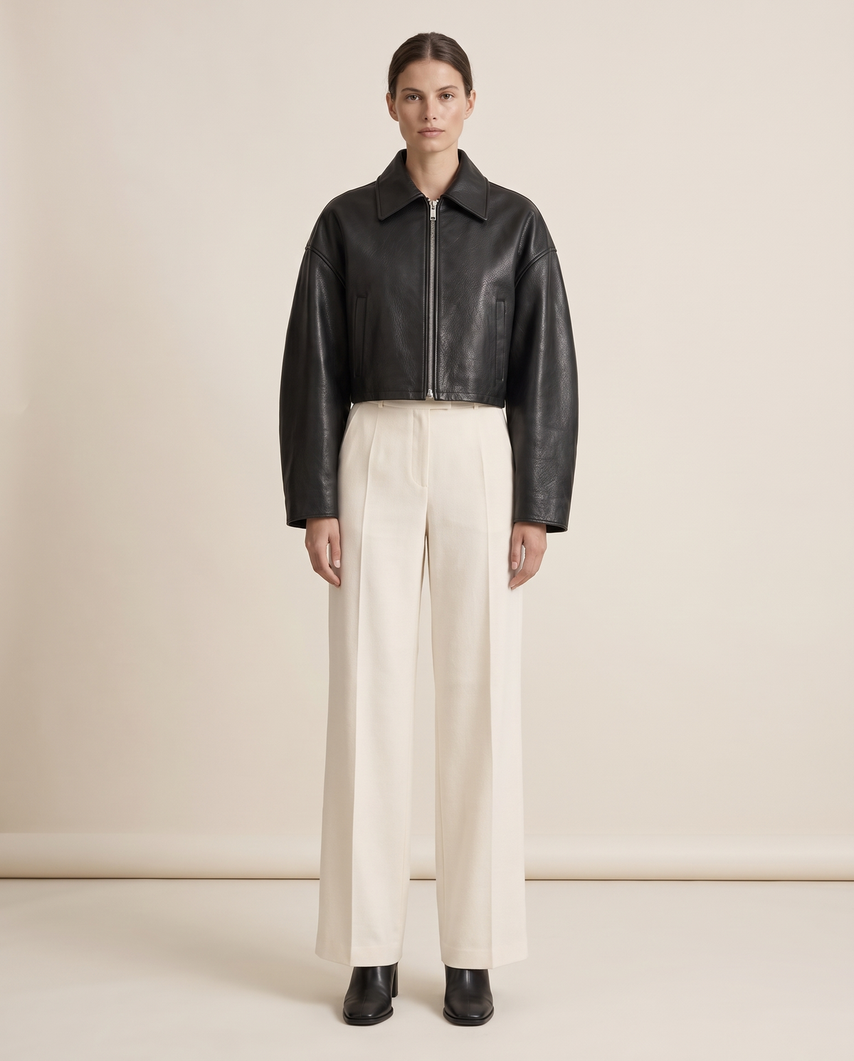 Cropped Oversized Leather Jacket for Women — studio front