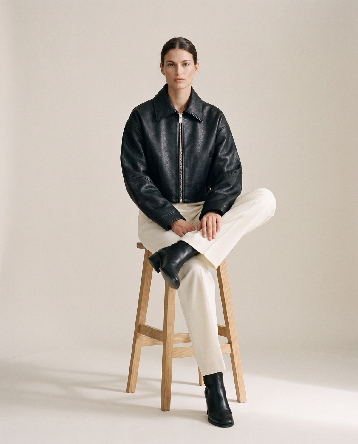 Cropped Oversized Leather Jacket for Women — worn seated