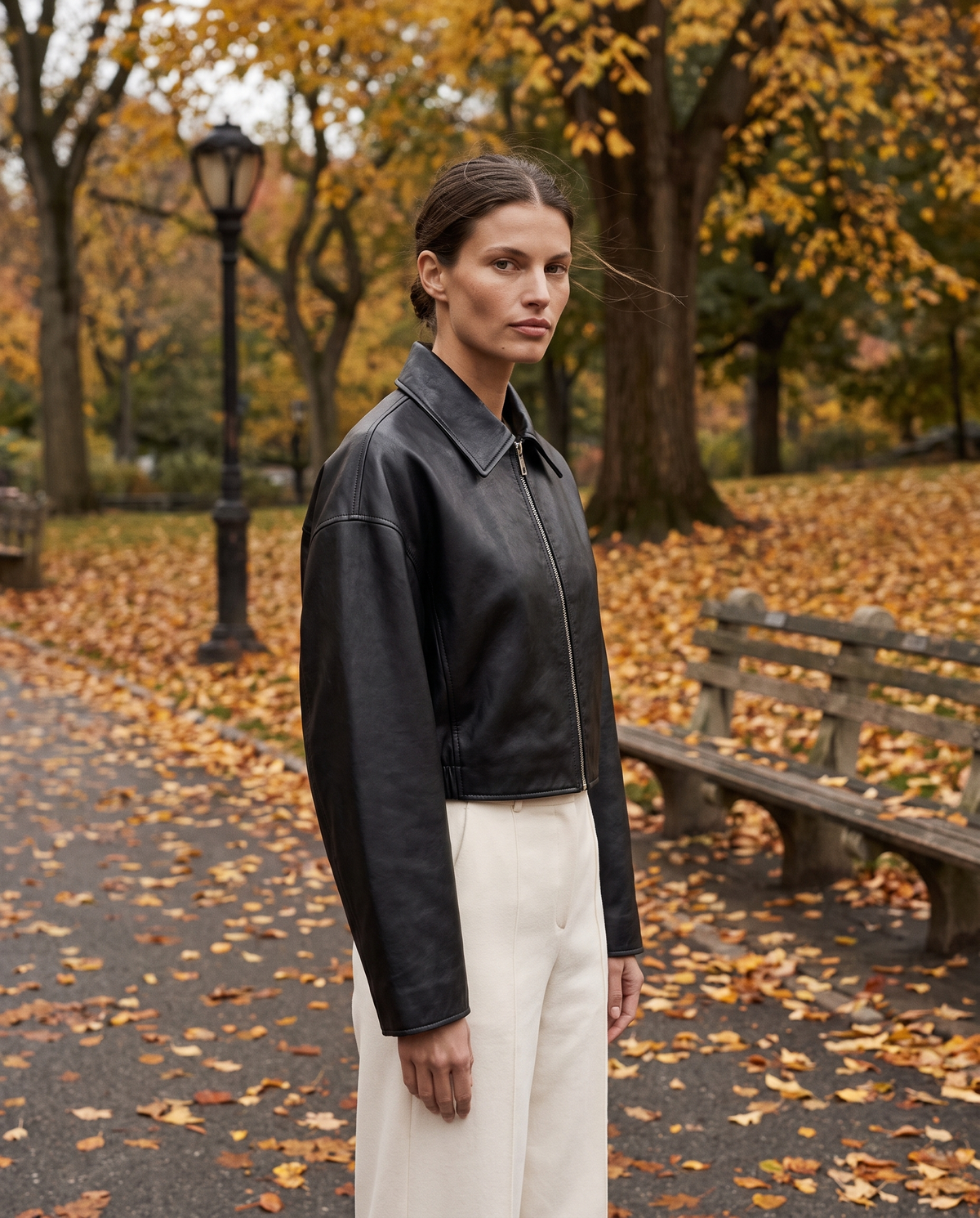 Cropped Oversized Leather Jacket for Women — worn in Central Park in autumn
