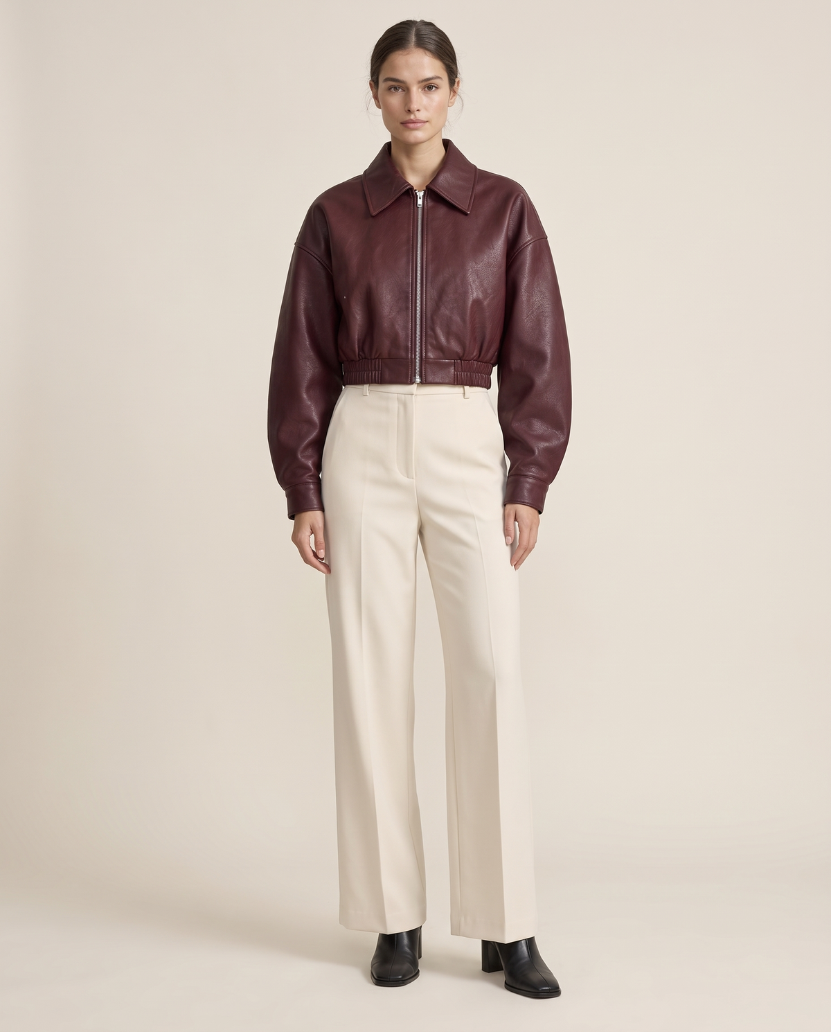 Cropped Oversized Leather Jacket for Women — burgundy, studio front