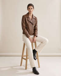 Soft Leather Jacket with Notched Lapel — worn seated
