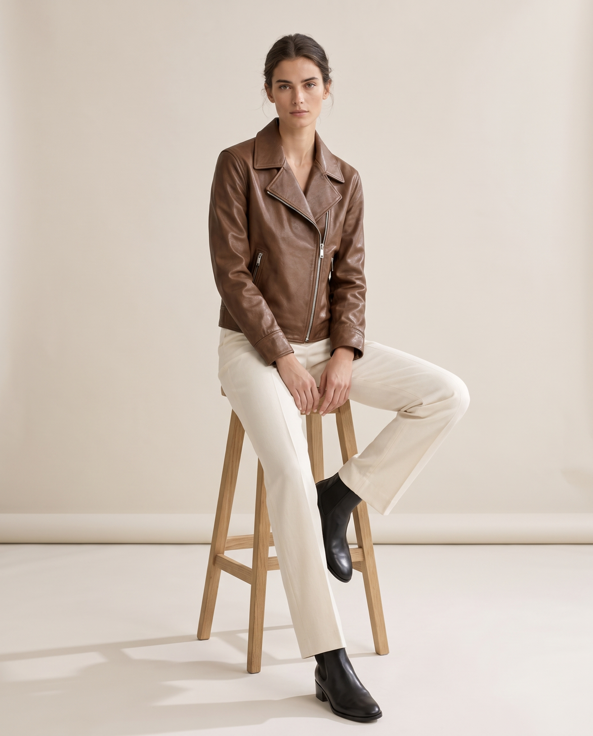 Soft Leather Jacket with Notched Lapel — worn seated