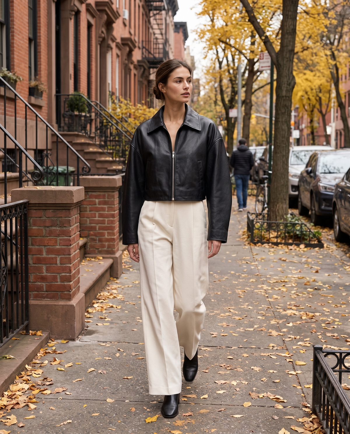 Cropped Oversized Leather Jacket for Women — worn on a New York street in autumn