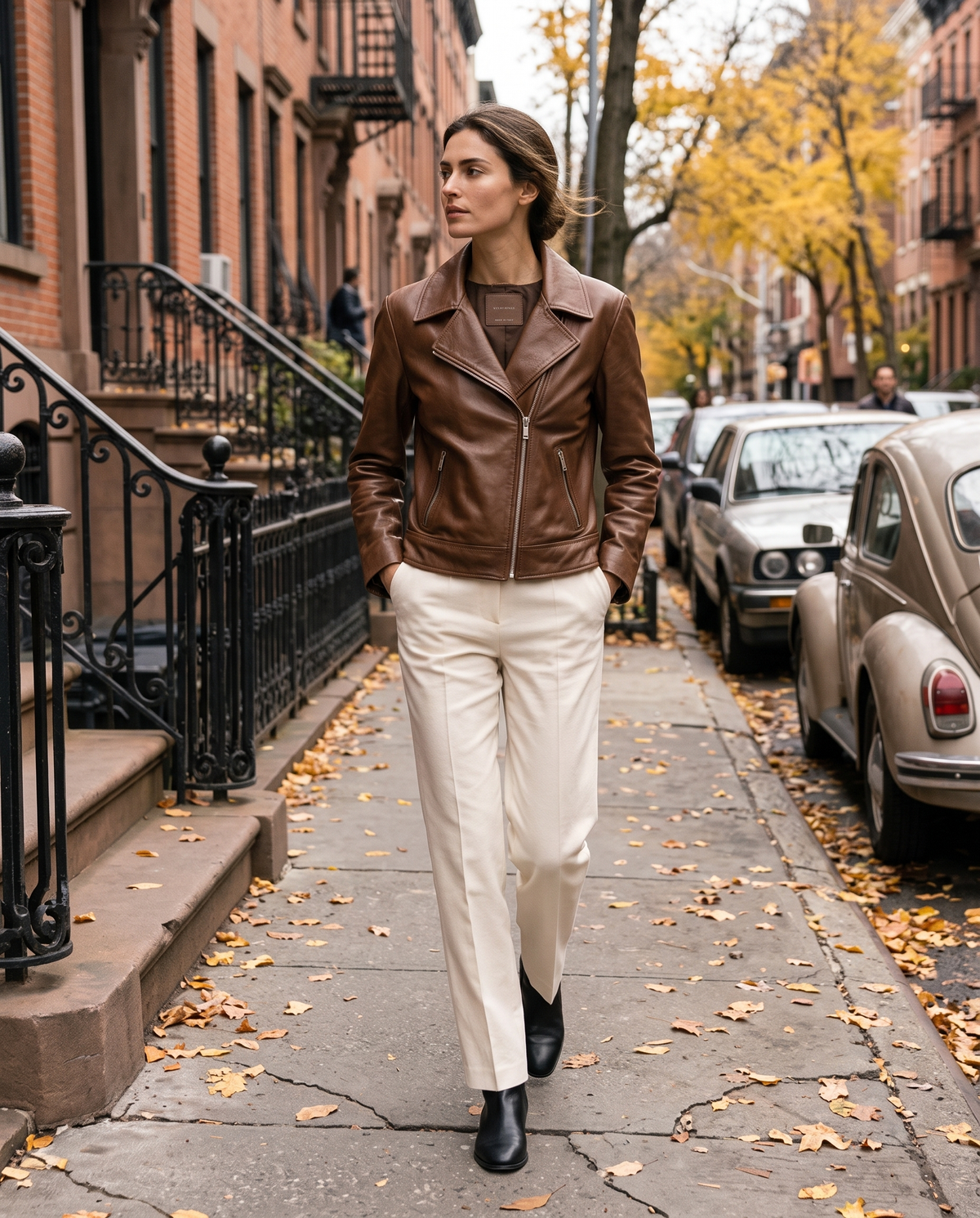 Soft Leather Jacket with Notched Lapel — worn on a New York street in autumn